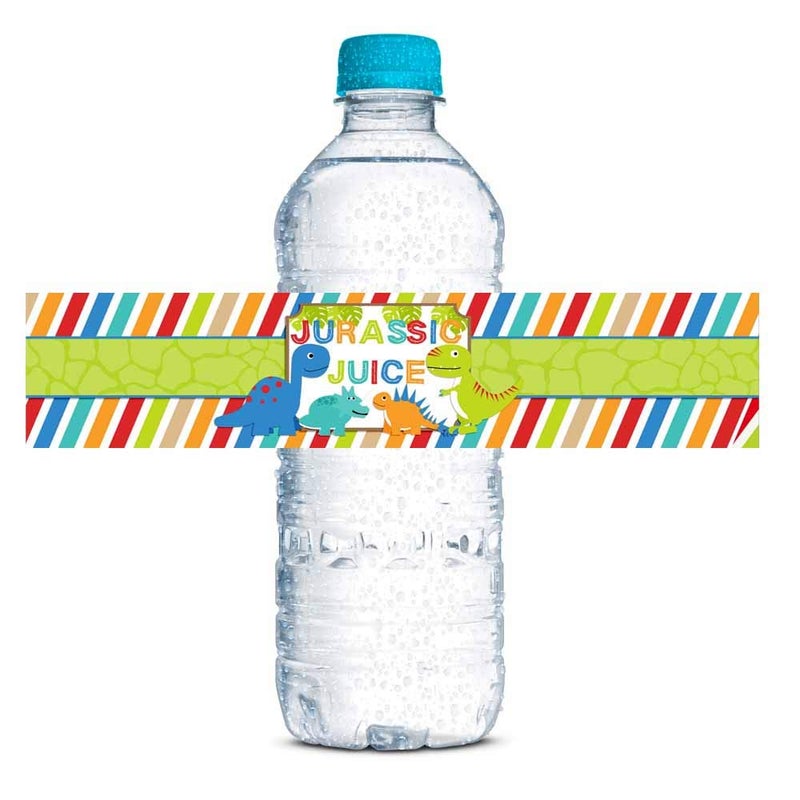 Amanda Creation Jurassic Juice Dinosaur Birthday Party Waterproof Water Bottle Sticker Wrappers for Boys, 20 1.75" x 8.5" Wrap Around Labels by AmandaCreation - Image 1
